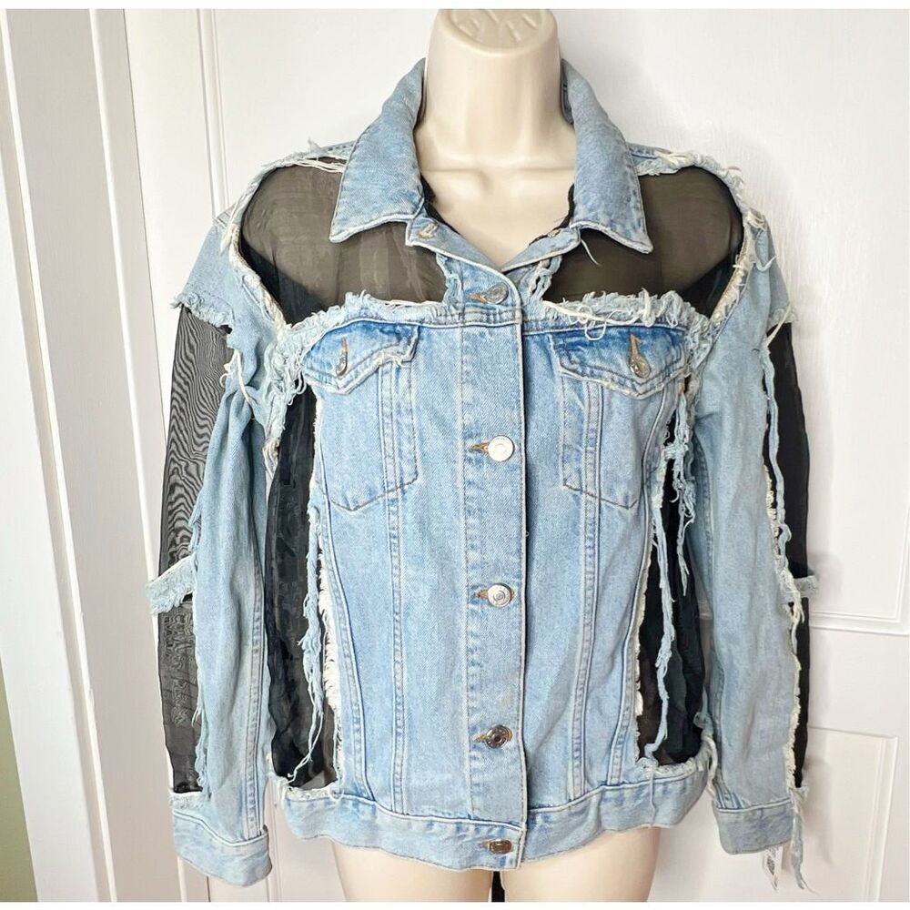 Moto Top Shop Organza Denim Jacket Distressed Size 2